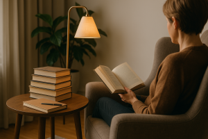 Angolo lettura accogliente con poltrona, lampada e libri su un tavolino